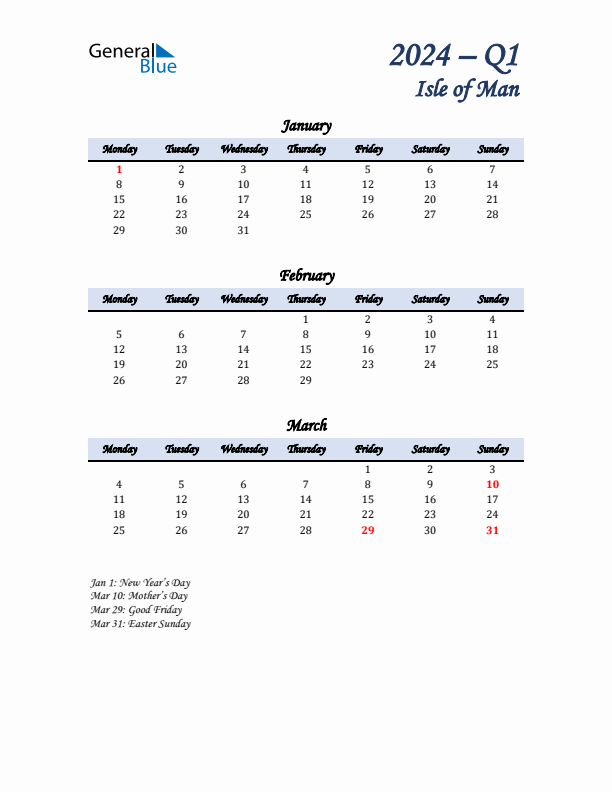 January, February, and March Calendar for Isle of Man with Monday Start