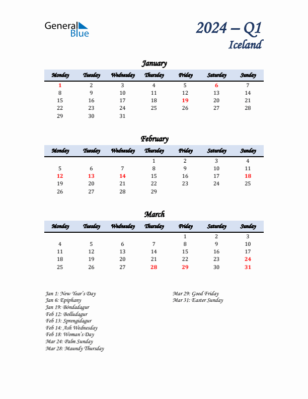 January, February, and March Calendar for Iceland with Monday Start