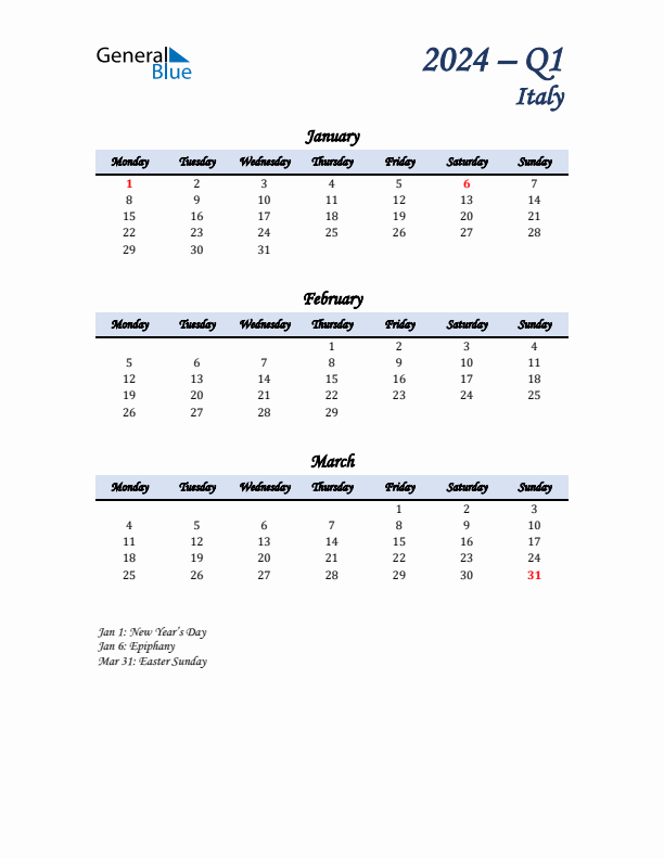 January, February, and March Calendar for Italy with Monday Start