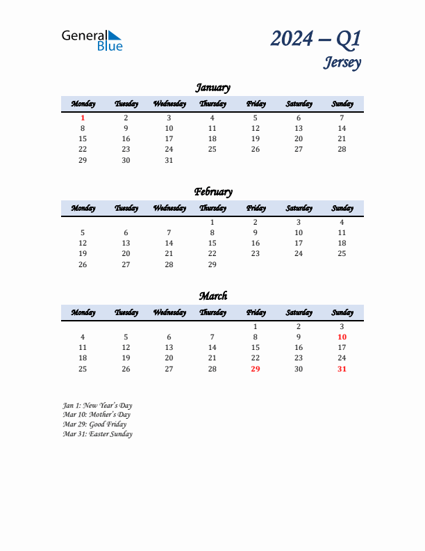 January, February, and March Calendar for Jersey with Monday Start