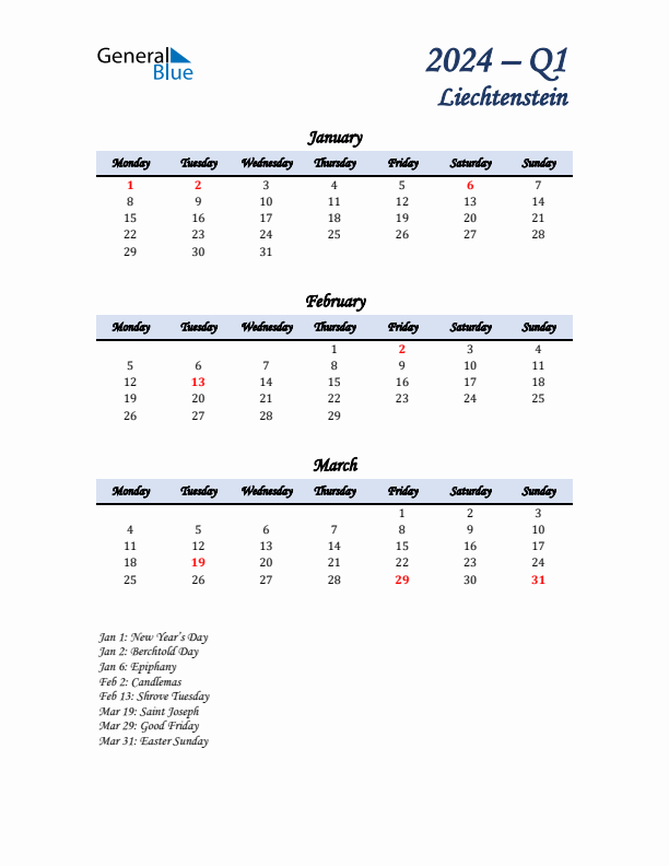 January, February, and March Calendar for Liechtenstein with Monday Start