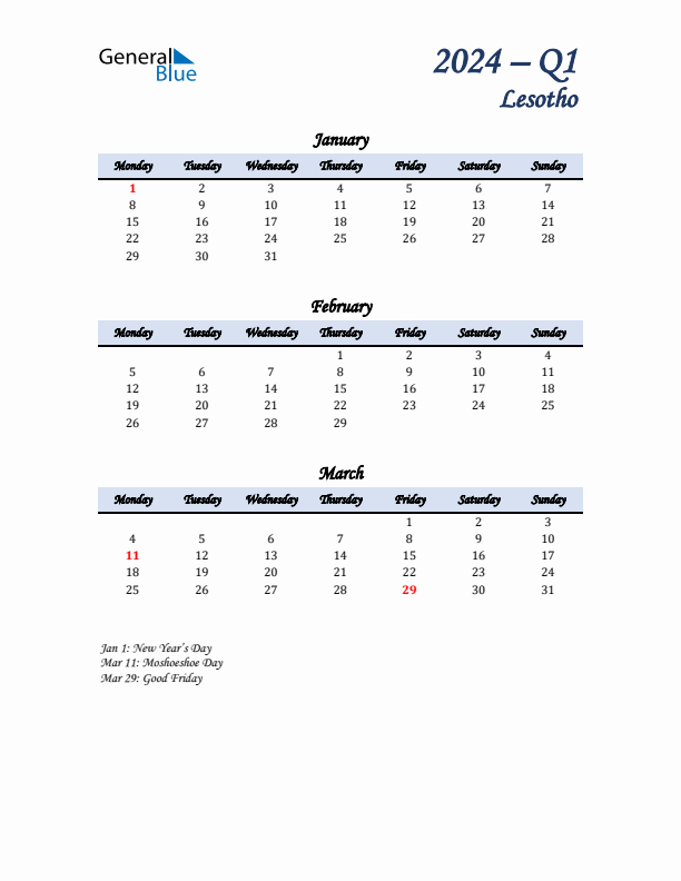 January, February, and March Calendar for Lesotho with Monday Start