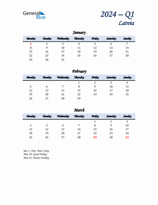 January, February, and March Calendar for Latvia with Monday Start