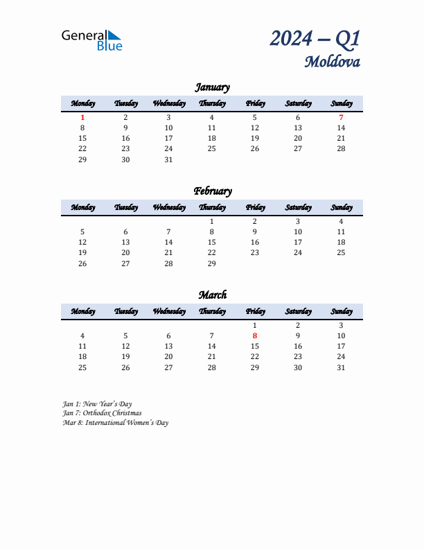 January, February, and March Calendar for Moldova with Monday Start