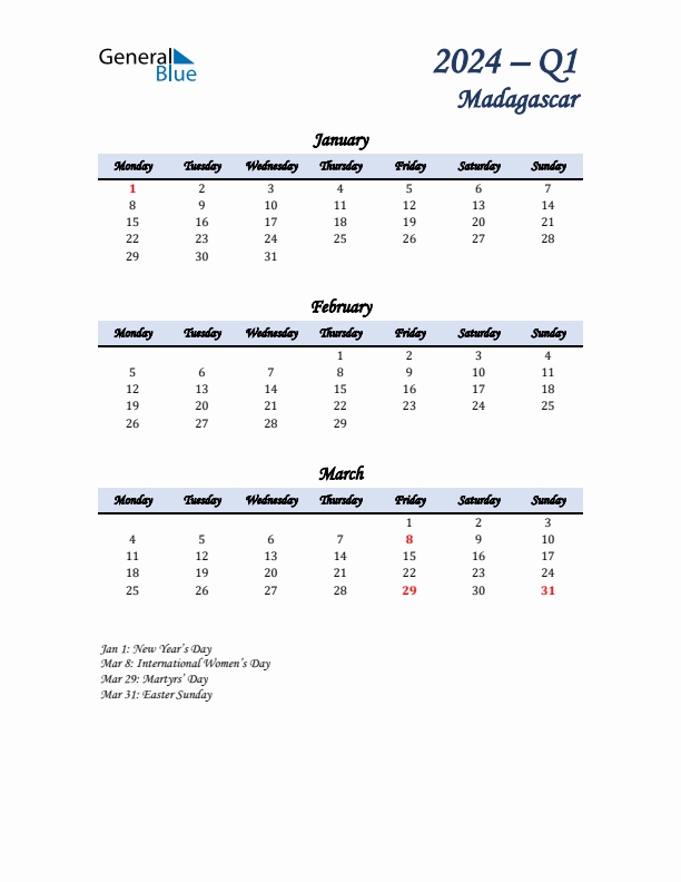 January, February, and March Calendar for Madagascar with Monday Start