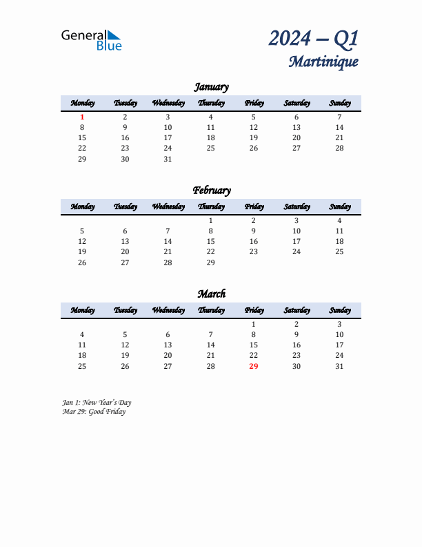 January, February, and March Calendar for Martinique with Monday Start