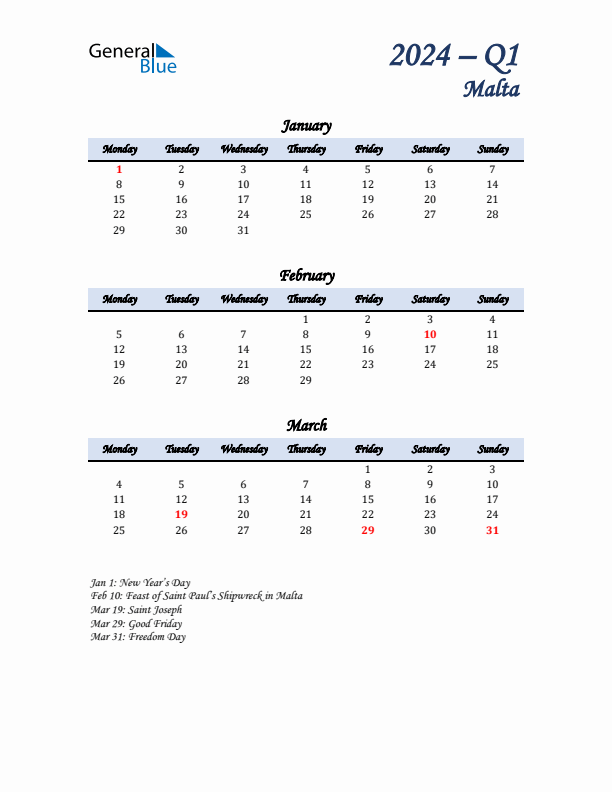 January, February, and March Calendar for Malta with Monday Start