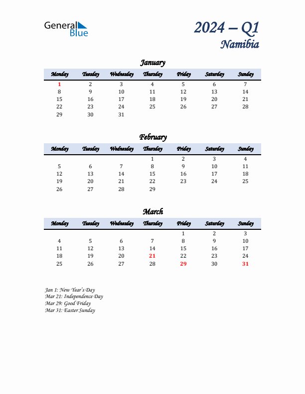 January, February, and March Calendar for Namibia with Monday Start