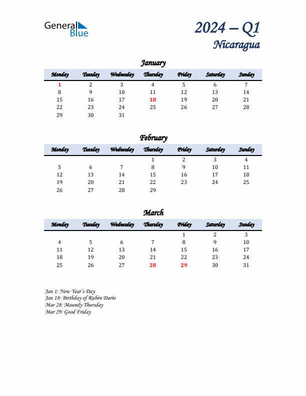 January, February, and March Calendar for Nicaragua with Monday Start