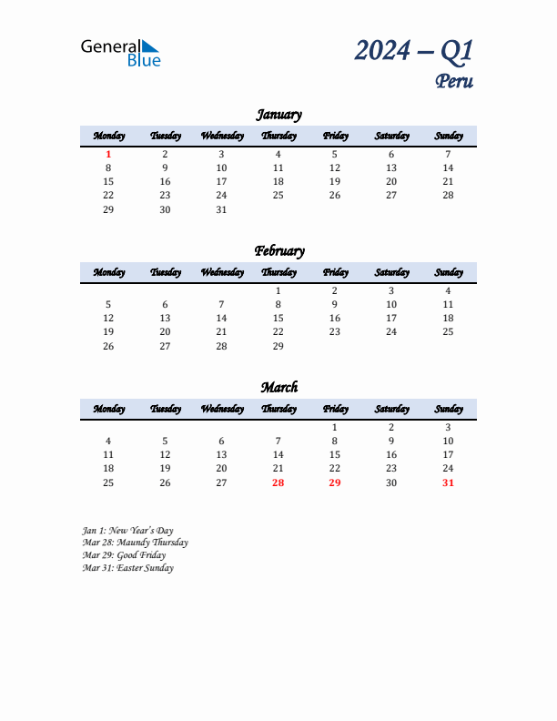 January, February, and March Calendar for Peru with Monday Start