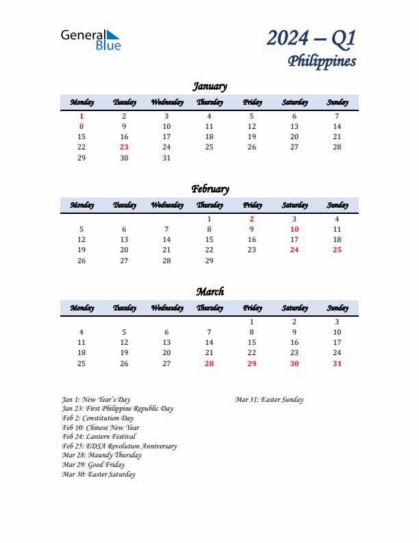 January, February, and March Calendar for Philippines with Monday Start