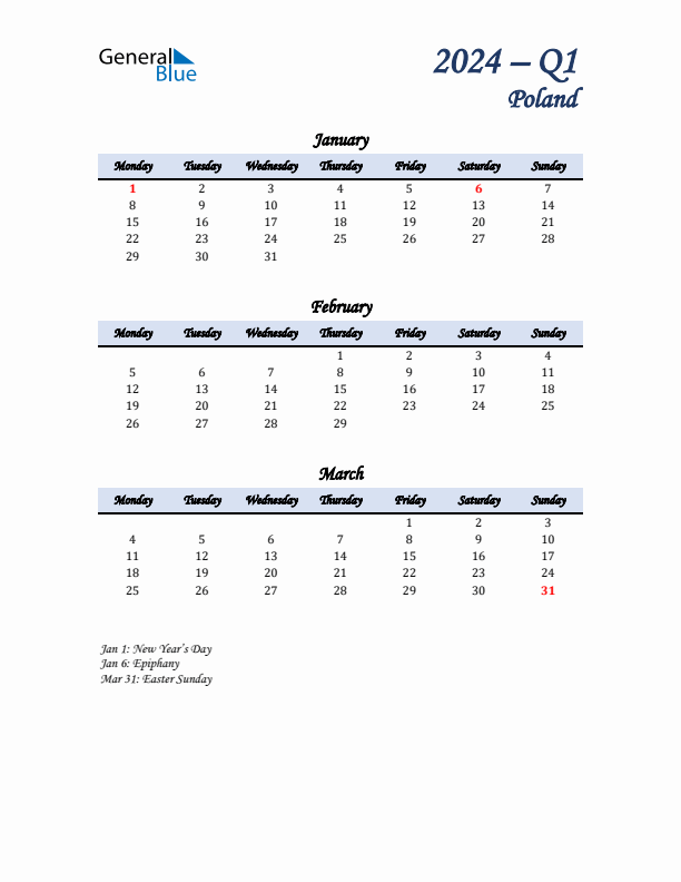 January, February, and March Calendar for Poland with Monday Start