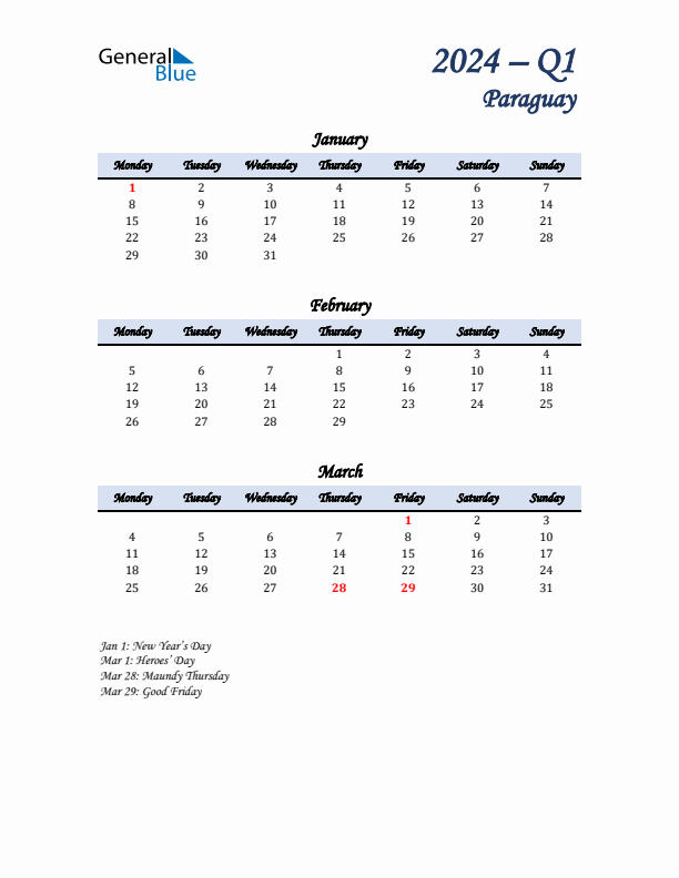 January, February, and March Calendar for Paraguay with Monday Start