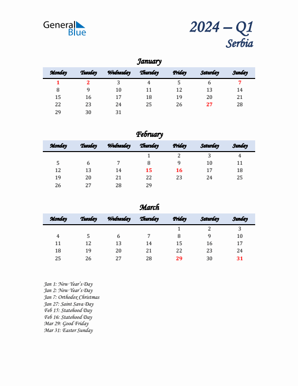 January, February, and March Calendar for Serbia with Monday Start