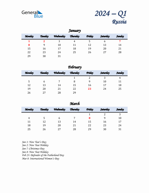 January, February, and March Calendar for Russia with Monday Start