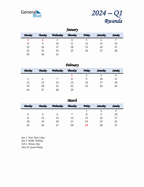 January, February, and March Calendar for Rwanda with Monday Start