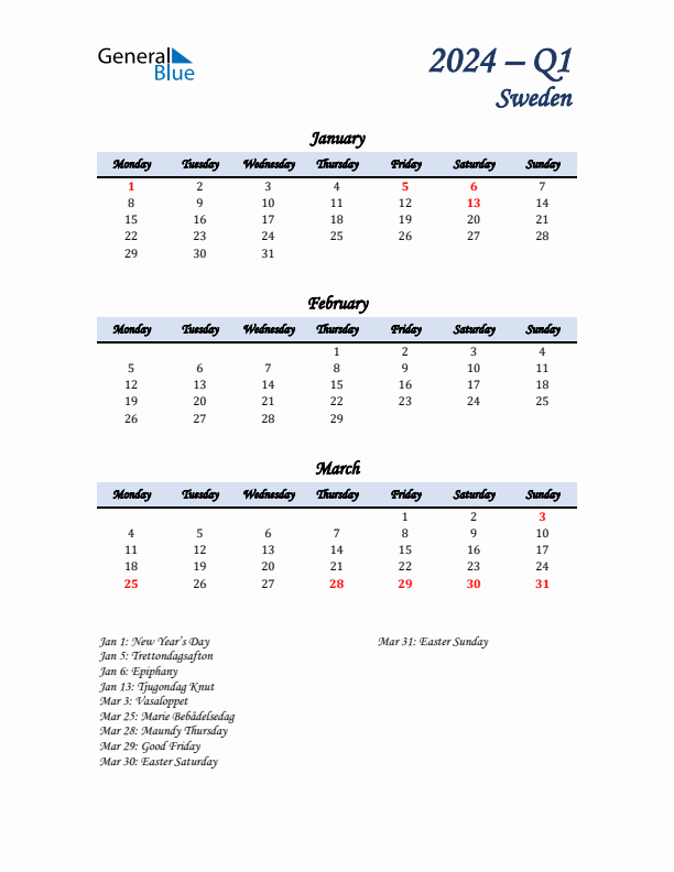 January, February, and March Calendar for Sweden with Monday Start