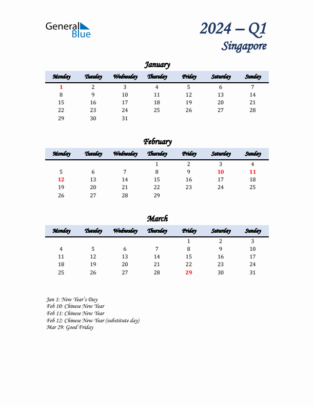 January, February, and March Calendar for Singapore with Monday Start