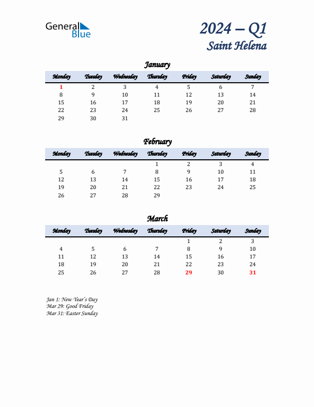 January, February, and March Calendar for Saint Helena with Monday Start