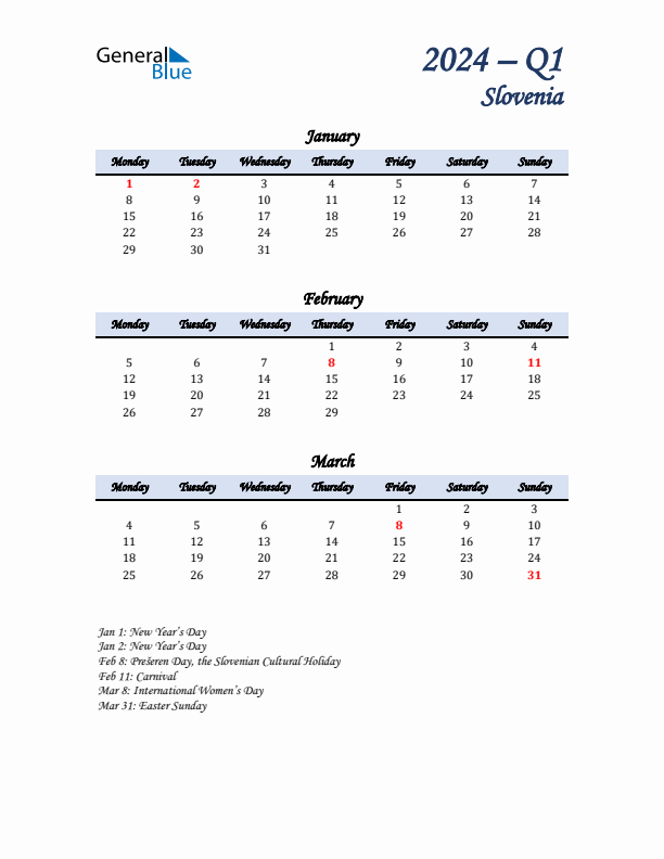 January, February, and March Calendar for Slovenia with Monday Start