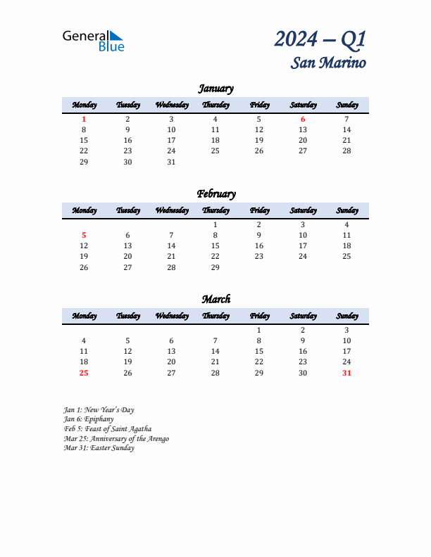 January, February, and March Calendar for San Marino with Monday Start