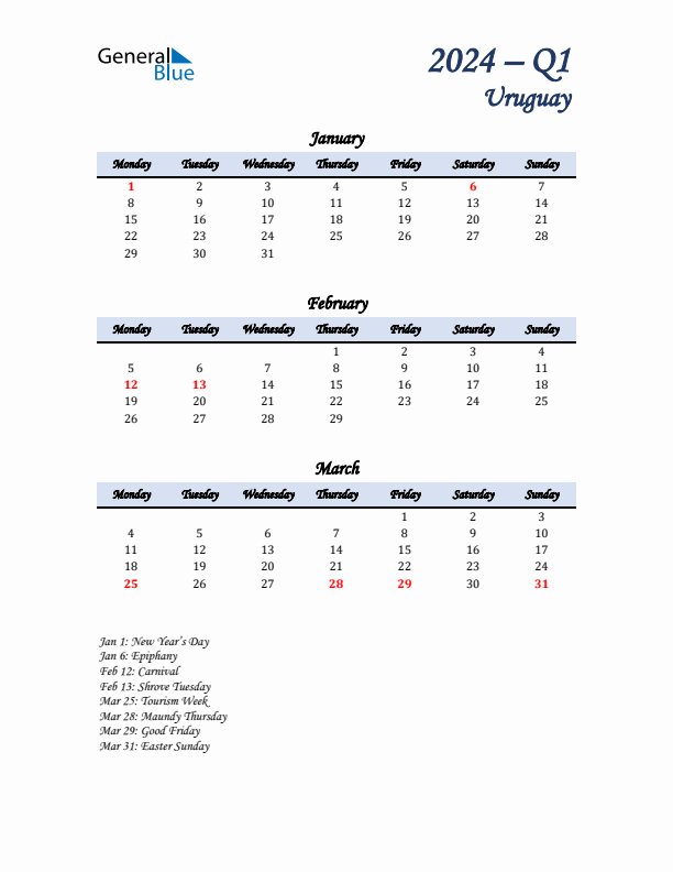 January, February, and March Calendar for Uruguay with Monday Start