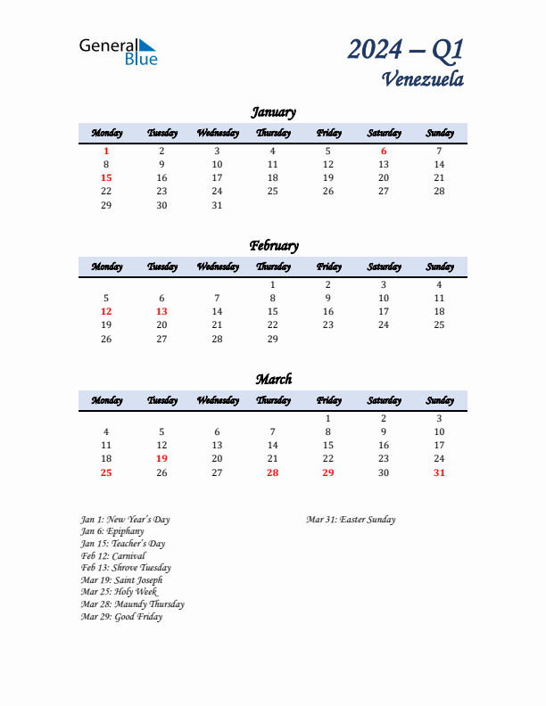 January, February, and March Calendar for Venezuela with Monday Start