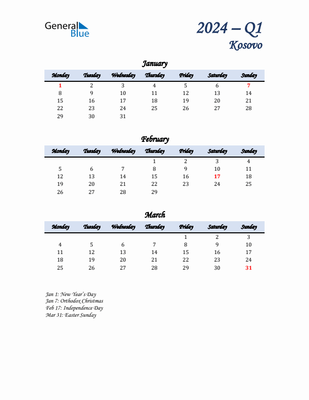 January, February, and March Calendar for Kosovo with Monday Start