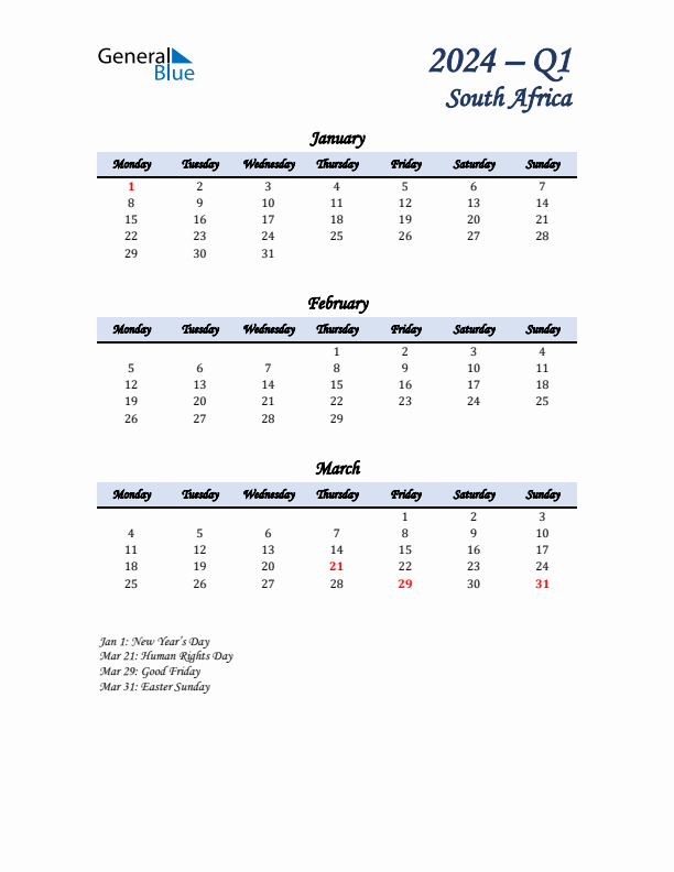 January, February, and March Calendar for South Africa with Monday Start