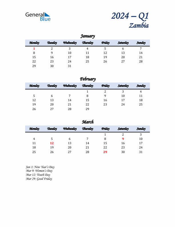 January, February, and March Calendar for Zambia with Monday Start