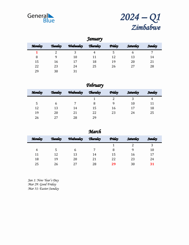 January, February, and March Calendar for Zimbabwe with Monday Start