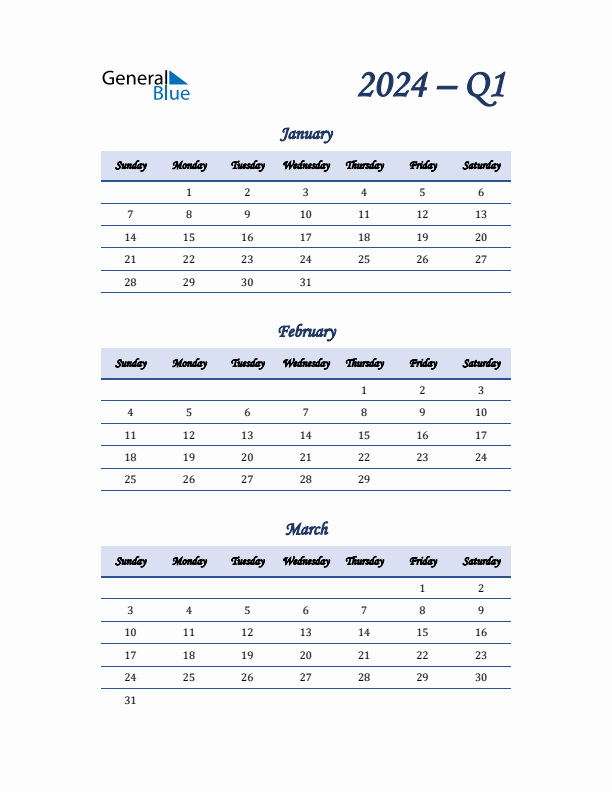 Sunday Start 2024 Quarterly Calendar