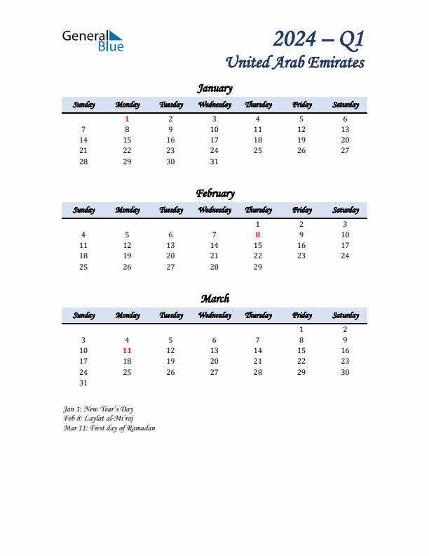 January, February, and March Calendar for United Arab Emirates with Sunday Start