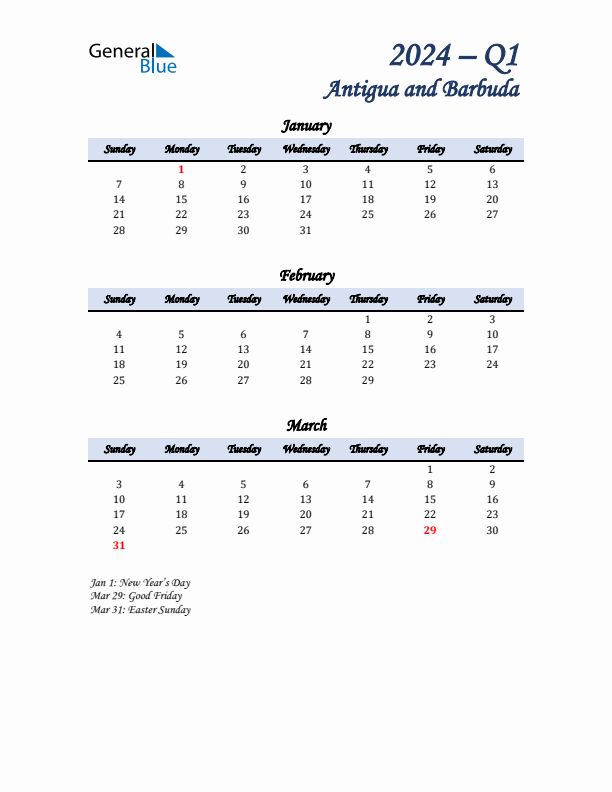 January, February, and March Calendar for Antigua and Barbuda with Sunday Start