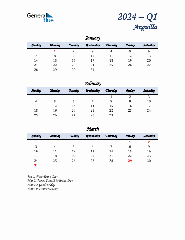 January, February, and March Calendar for Anguilla with Sunday Start