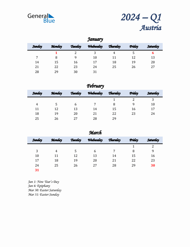 January, February, and March Calendar for Austria with Sunday Start