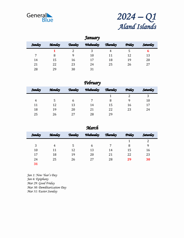 January, February, and March Calendar for Aland Islands with Sunday Start