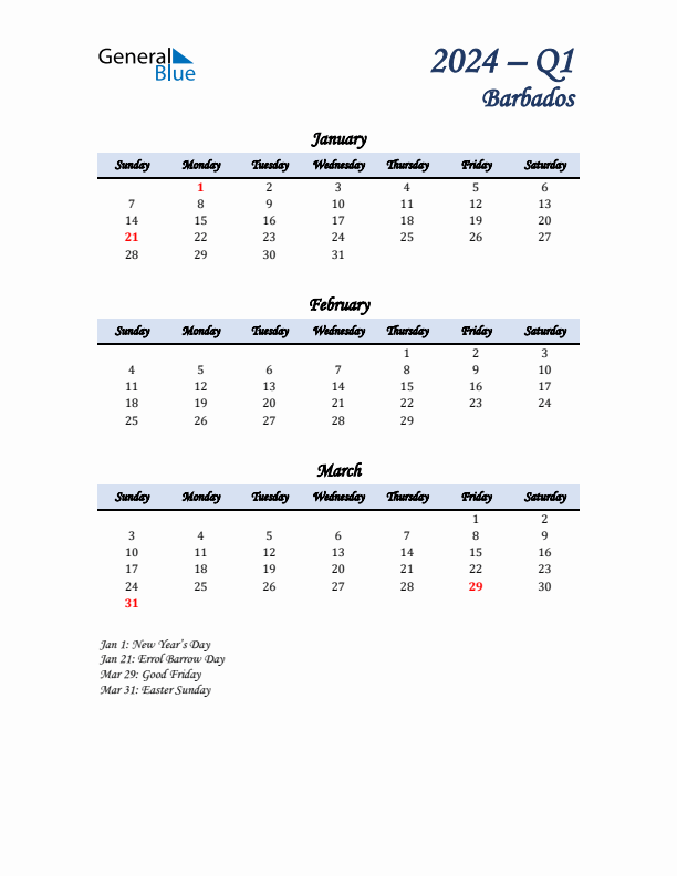 January, February, and March Calendar for Barbados with Sunday Start