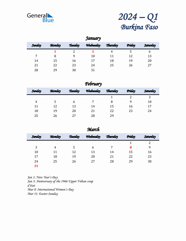 January, February, and March Calendar for Burkina Faso with Sunday Start