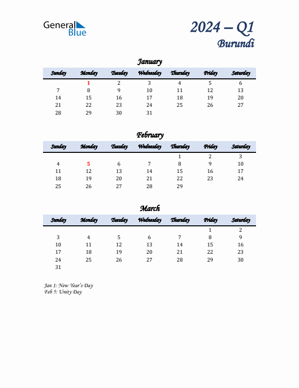 January, February, and March Calendar for Burundi with Sunday Start