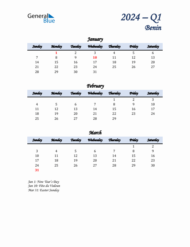 January, February, and March Calendar for Benin with Sunday Start