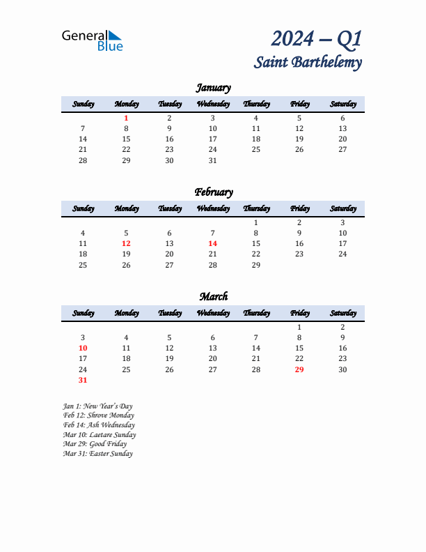 January, February, and March Calendar for Saint Barthelemy with Sunday Start