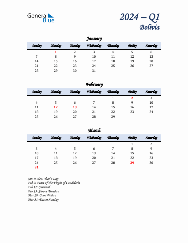 January, February, and March Calendar for Bolivia with Sunday Start