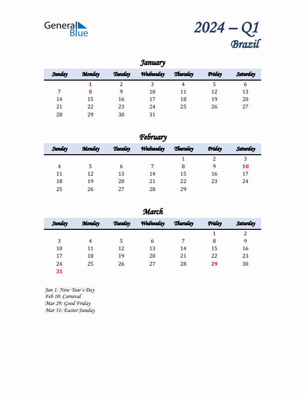 January, February, and March Calendar for Brazil with Sunday Start