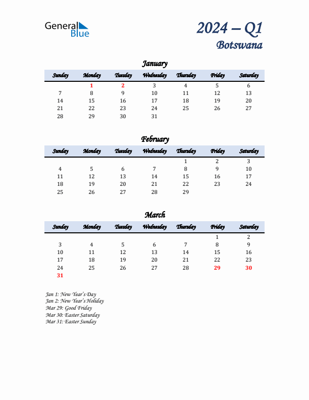 January, February, and March Calendar for Botswana with Sunday Start