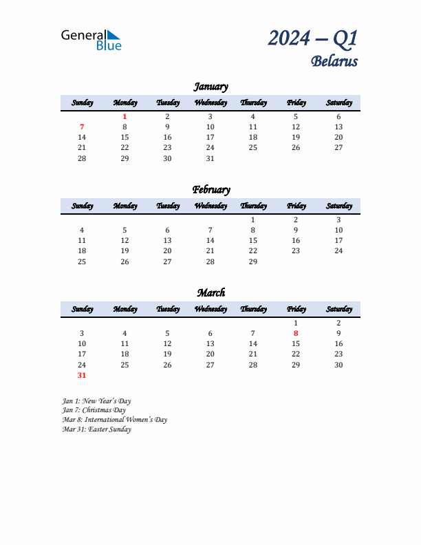 January, February, and March Calendar for Belarus with Sunday Start