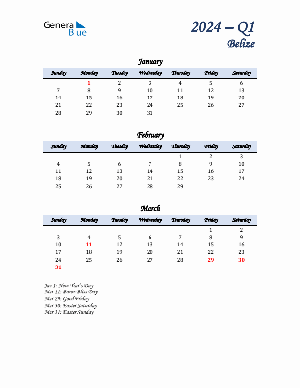 January, February, and March Calendar for Belize with Sunday Start