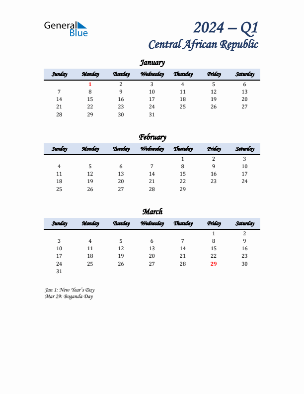 January, February, and March Calendar for Central African Republic with Sunday Start