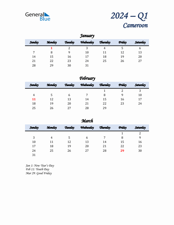 January, February, and March Calendar for Cameroon with Sunday Start