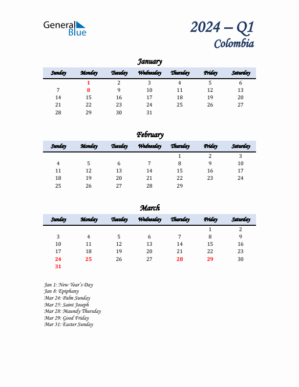 January, February, and March Calendar for Colombia with Sunday Start